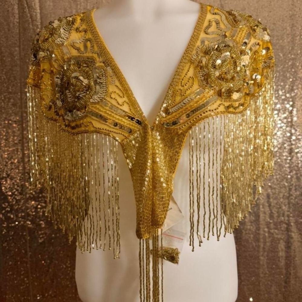 Gold Sequin Fringe Shrug Beaded Floral Embroidery Party Coverup One Size